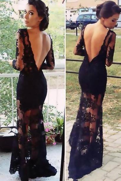 Fashion Black Lace Sheath Long Sleeve Prom Dress Evening Dress, Prom Gowns, MP222|musebridals.com
