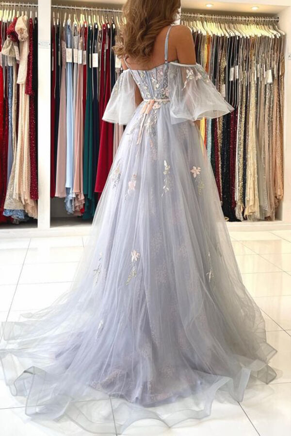 Elegant Blue Tulle A-line Off Shoulder Floral Prom Dresses, Evening Gown, MP734 | long prom dresses | floral prom dresses | evening dresses | musebridals.com