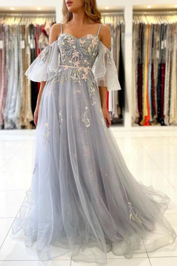 Blue Tulle A-line Off Shoulder Floral Prom Dresses MP734 | Musebridals Blue Tulle A-line Off Shoulder Floral Prom Dresses MP734 | Musebridals
