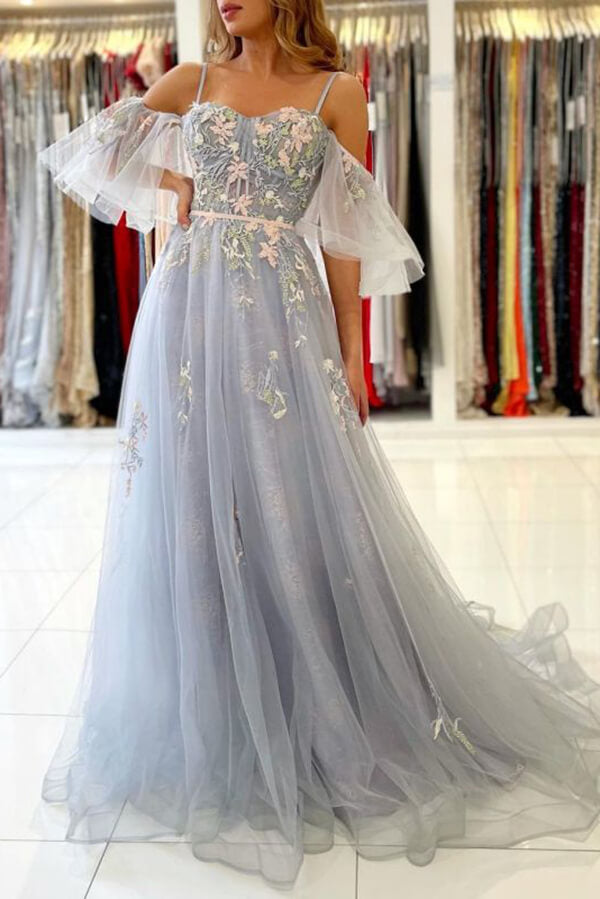 Elegant Blue Tulle A line Off Shoulder Floral Prom Dresses Evening Gown MP734