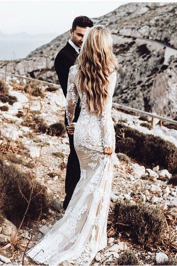 Round Neck Long Sleeve Lace Zipper Mermaid Wedding Gown 