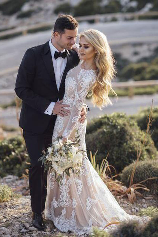 Elegant Boho Lace Mermaid Long Sleeves Wedding Dresses, Bridal Gown, MW539