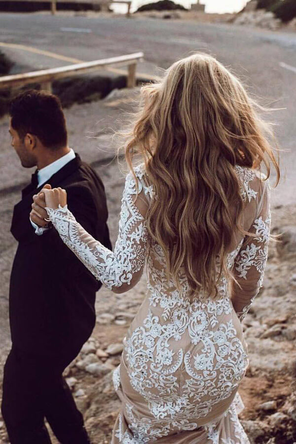 Elegant Boho Lace Mermaid Long Sleeves Wedding Dresses, Bridal Gown, MW539 Elegant Boho Lace Mermaid Long Sleeves Wedding Dresses, Bridal Gown, MW539
