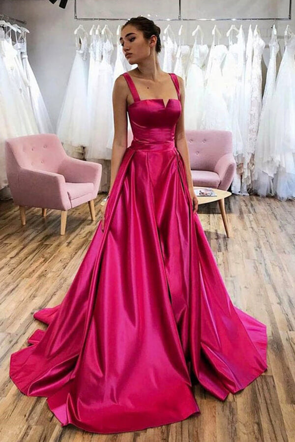 Elegant Hot Pink Satin A line Spaghetti Straps Prom Dresses Formal Dress MP645