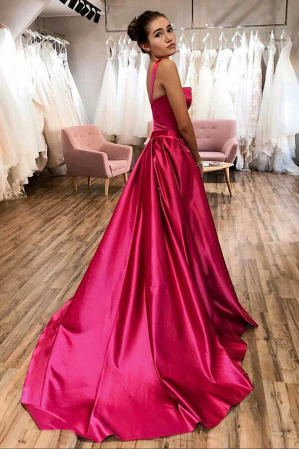 Elegant Hot Pink Satin A-line Spaghetti Straps Prom Dresses, Formal Dress, MP645
