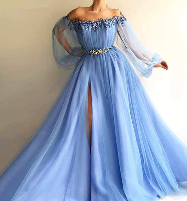 Elegant Off the Shoulder Blue Long Sleeves Beaded Side Slit Prom Dresses,MP453 | blue prom dresses | tulle prom dresses | a line prom dress | floral prom dresses | www.musebridals.com