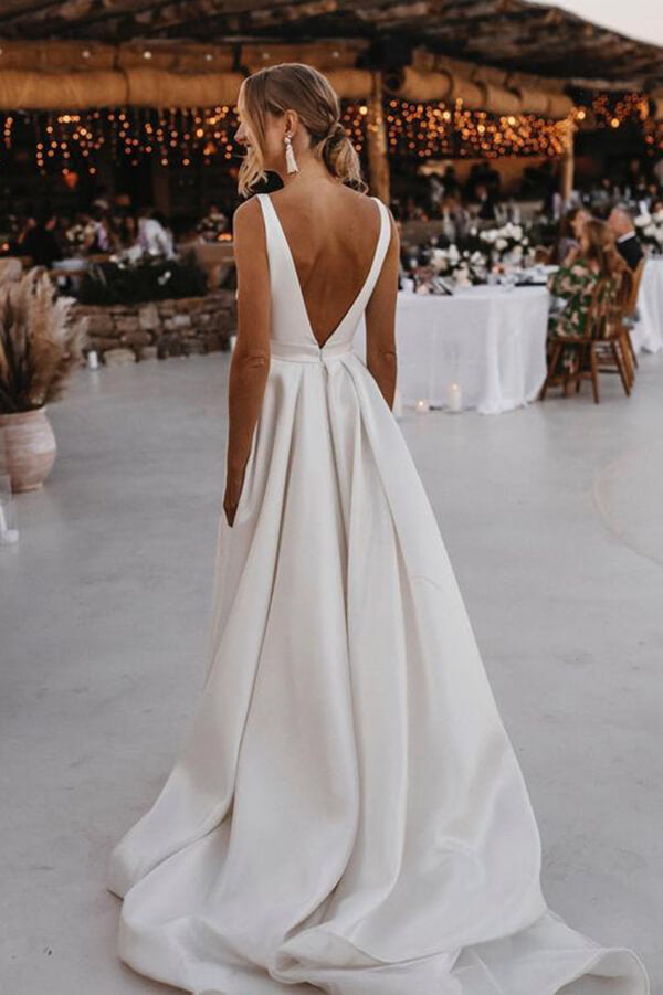 Elegant Satin A-line V-neck Sweep Train Wedding Dresses, Bridal Gown, MW621 Elegant Satin A-line V-neck Sweep Train Wedding Dresses, Bridal Gown, MW621