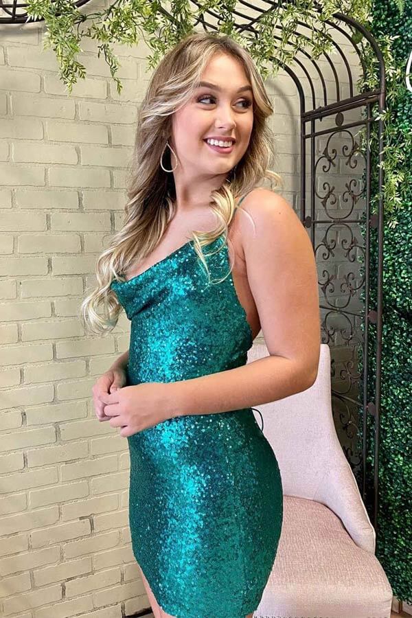 Emerald Green Sequins Sheath Cowl Neck Tight Short Homecoming Dresses, MH570 Emerald Green Sequins Sheath Cowl Neck Tight Short Homecoming Dresses, MH570