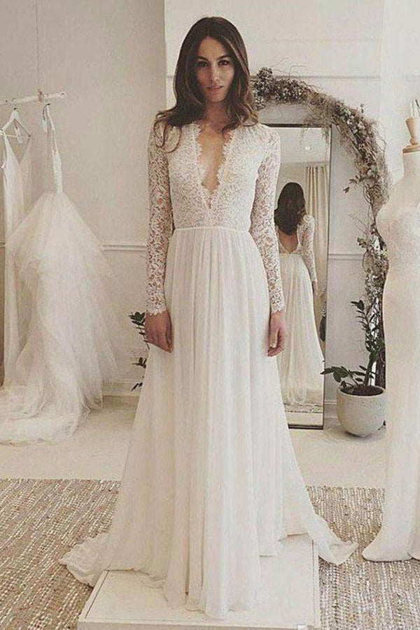 Fabulous Ivory Lace Chiffon Long Sleeves Backless V-Neck Wedding Dresses, MW173 Fabulous Ivory Lace Chiffon Long Sleeves Backless V-Neck Wedding Dresses, MW173
