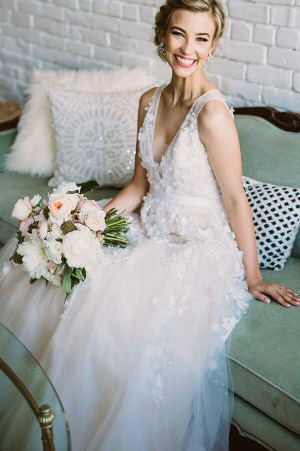 Fabulous Ivory V-neck Long Beach Wedding Dress with Lace Appliques, MW   Musebridals
