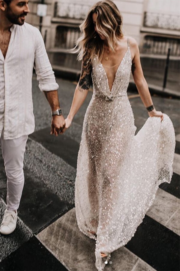 Glittering A-line Deep V-neck Open Back Wedding Dresses, Bridal Gown, MW623 Glittering A-line Deep V-neck Open Back Wedding Dresses, Bridal Gown, MW623
