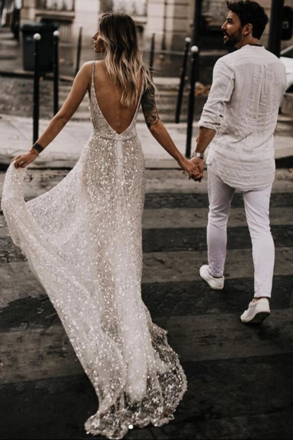 Glittering A-line Deep V-neck Open Back Wedding Dresses, Bridal Gown, MW623