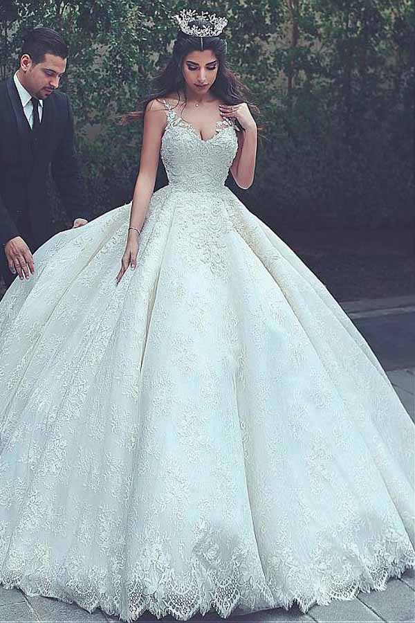 Gorgeous A-line Lace V-neck Tulle Long Wedding Dress with Appliques,MW –  Musebridals