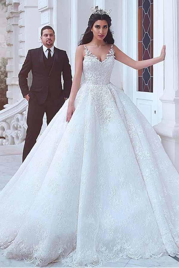 Ball Gown V-neck Lace Appliques Wedding Dresses MW770 | Musebridals Ball Gown V-neck Lace Appliques Wedding Dresses MW770 | Musebridals