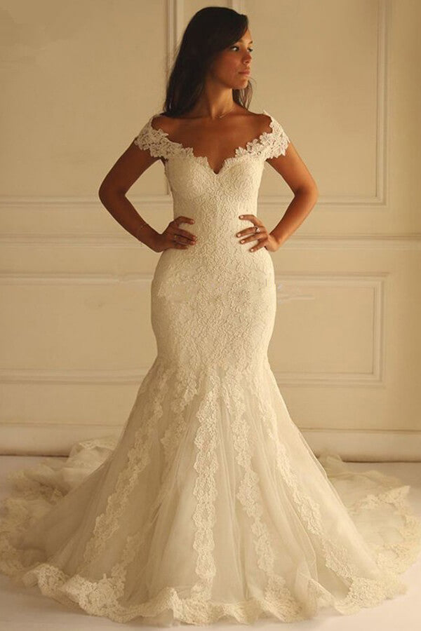 Gorgeous Ivory Mermaid Off-the-Shoulder Lace Wedding Dresses, MW587 Gorgeous Ivory Mermaid Off-the-Shoulder Lace Wedding Dresses, MW587