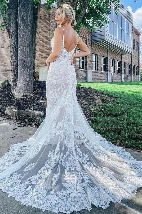blue and white mermaid wedding dresses Gorgeous Lace Mermaid Deep V-neck Wedding Dresses, Bridal Gowns, MW714