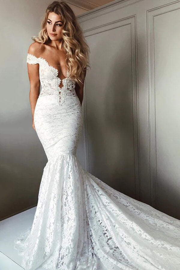 fitted lace wedding dress Full Lace Wedding Dresses Mermaid Long Trail Off Shoulder Illusion Back  Bridal Gowns main image 0