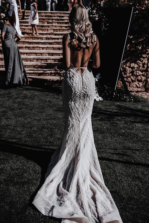 mermaid sleeveless dress Luxury V Neck Sleeveless Sequins Mermaid Prom Dress