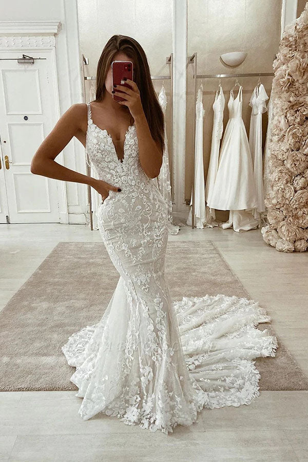 Gorgeous Mermaid V-neck Spaghetti Straps Lace Appliqued Wedding Dress, MW723