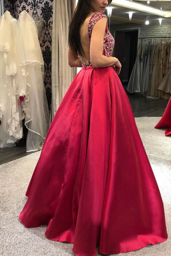 Gorgeous Scoop Neck Cap Sleeves Red Satin Prom Dresses with Beaded, Fo Musebridals Gorgeous Scoop Neck Cap Sleeves Red Satin Prom Dresses with Beaded, Fo Musebridals