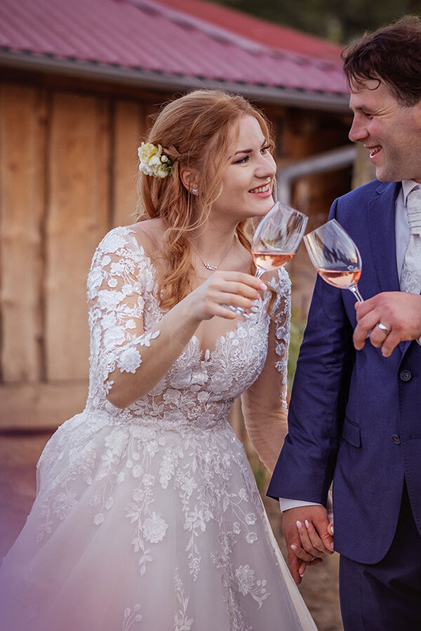 Gorgeous Tulle Lace Illusion Neck Long Sleeves Wedding Dresses, MW529