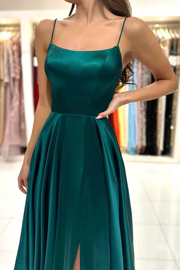 Green A-line Square Neck Simple Prom Dresses With Slit, Party Dresses, MP776 | long formal dresses | evening gowns | prom dresses for teens | musebridals.com