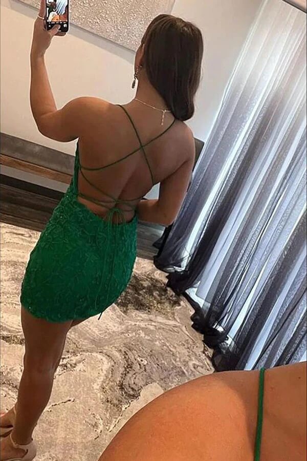 Green Lace Spaghetti Straps Tight Homecoming Dresses, Short Prom Dress, MH587 Green Lace Spaghetti Straps Tight Homecoming Dresses, Short Prom Dress, MH587