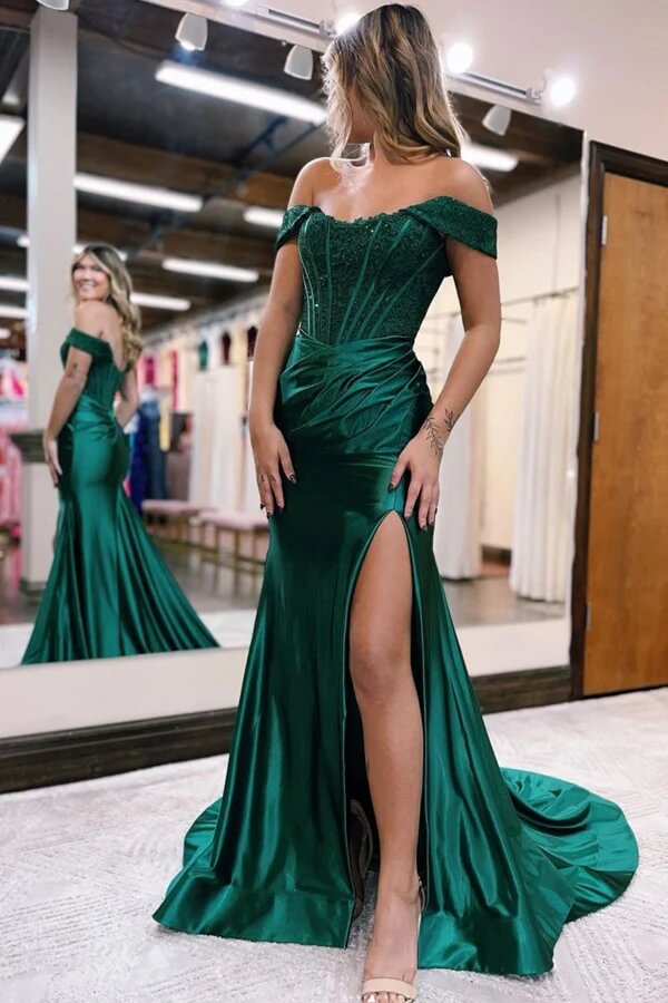 Green Satin Lace Mermaid Off Shoulder Prom Dresses MP779 | Musebridals
