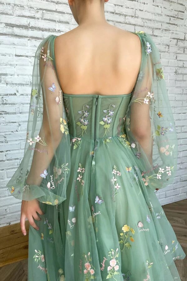 Green Tulle A-line Tea Length Sweetheart Prom Dresses With Embroidery, MP689 | cheap long prom dresses | a line prom dresses online | evening gown | www.musebridals.com