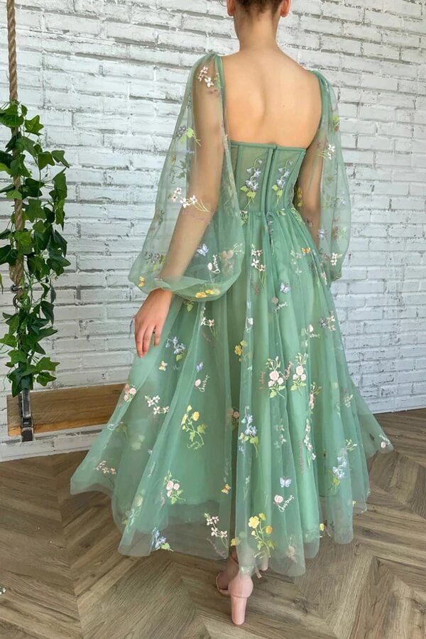 Green Tulle A-line Tea Length Sweetheart Prom Dresses With Embroidery, MP689 | short prom dresses | tulle a line prom dresses | green prom dresses | www.musebridals.com