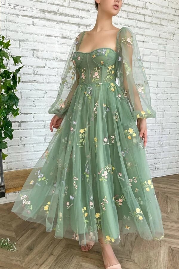 Green Tulle A-line Tea Length Sweetheart Prom Dresses With Embroidery, MP689 | green prom dresses | cheap prom dress | a line prom dresses | www.musebridals.com