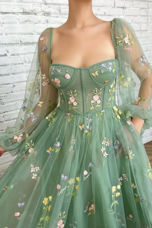 Green Tulle A-line Tea Length Sweetheart Prom Dresses With Embroidery, MP689 Green Tulle A-line Tea Length Sweetheart Prom Dresses With Embroidery, MP689
