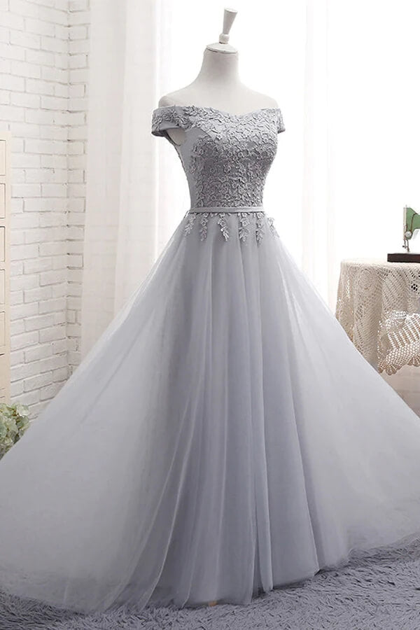 Grey Tulle A-line Off-the-Shoulder Lace-up Prom Dresses, Evening Dresses, MP786 | a line prom dress | party dresses | long formal dresses | musebridals.com
