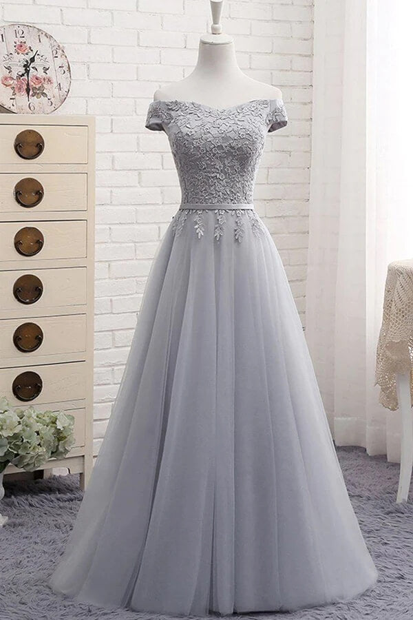Grey Tulle A-line Off-the-Shoulder Lace-up Prom Dresses, Evening Dresses, MP786 Grey Tulle A-line Off-the-Shoulder Lace-up Prom Dresses, Evening Dresses, MP786