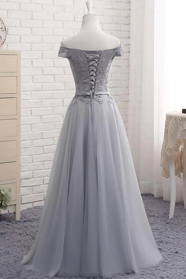 Grey Tulle A-line Off-the-Shoulder Lace-up Prom Dresses, Evening Dresses, MP786 | grey prom dresses | lace prom dresses | evening gown | musebridals.com
