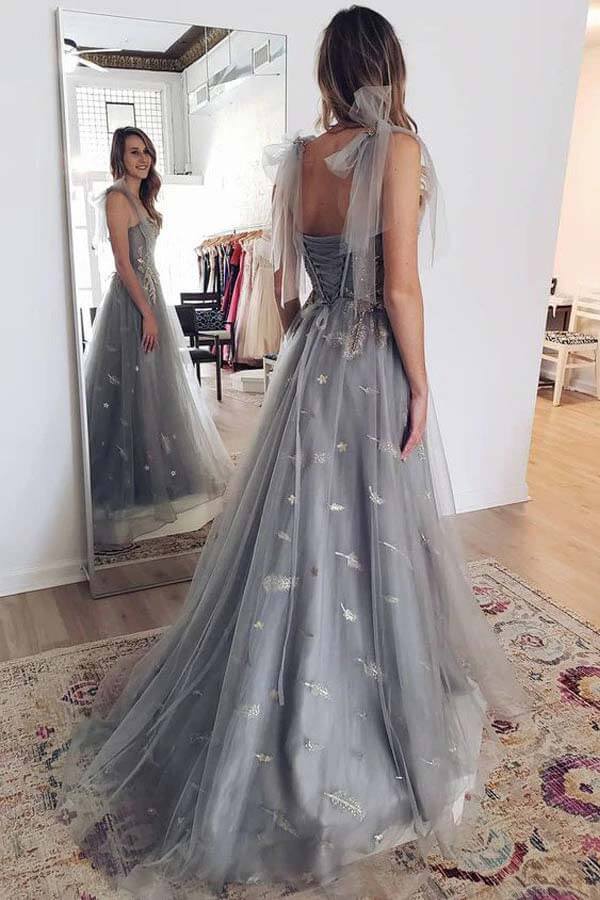 Grey Tulle A-line Sweetheart Neck Prom Dresses With Lace, Evening Dress, MP810