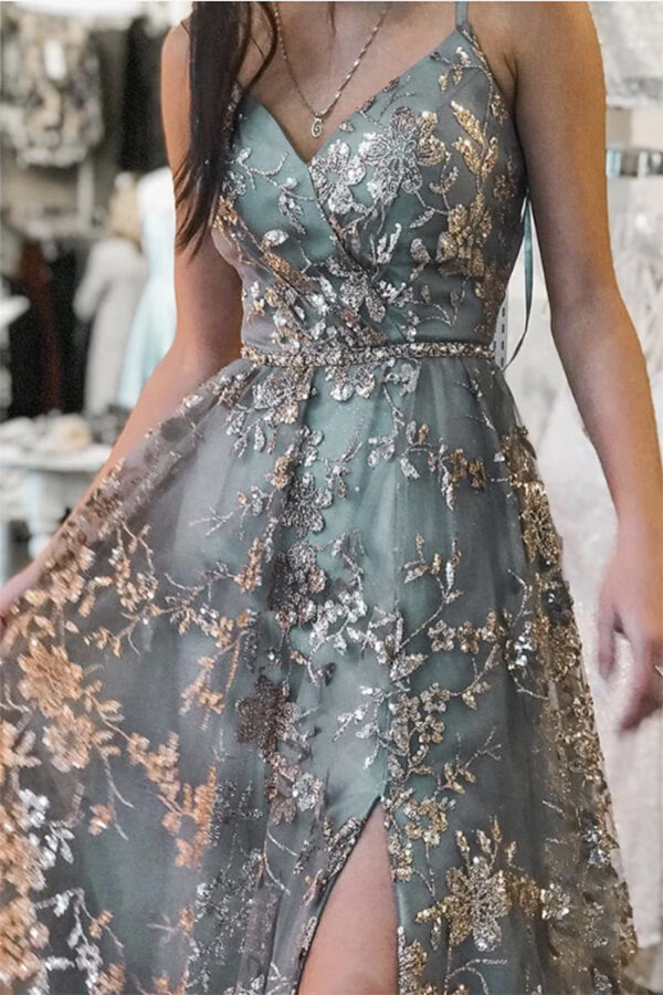 Grey Tulle Sequins Spaghetti Straps Prom Dresses MP660 | Musebridals Grey Tulle Sequins Spaghetti Straps Prom Dresses MP660 | Musebridals