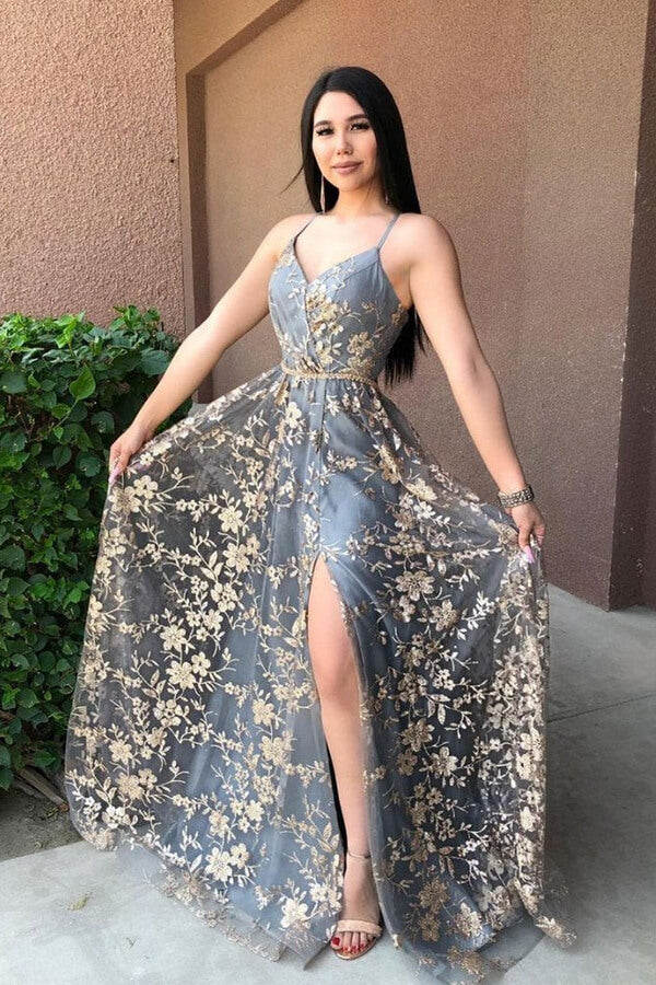 Grey Tulle Sequins Spaghetti Straps Prom Dresses With Slit, Formal Dresses, MP660 Grey Tulle Sequins Spaghetti Straps Prom Dresses With Slit, Formal Dresses, MP660
