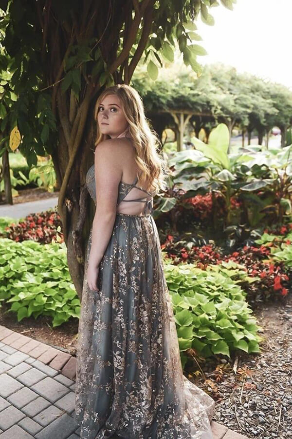 Grey Tulle Sequins Spaghetti Straps Prom Dresses With Slit, Formal Dresses, MP660 | tulle lace prom dresses | a line lace prom dresses | long prom dresses online | www.musebridals.com