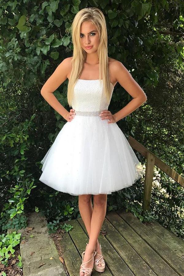 White Off Shoulder A-line Tulle Beaded Strapless Homecoming Dresses, MH403 Musebridals White Off Shoulder A-line Tulle Beaded Strapless Homecoming Dresses, MH403 Musebridals