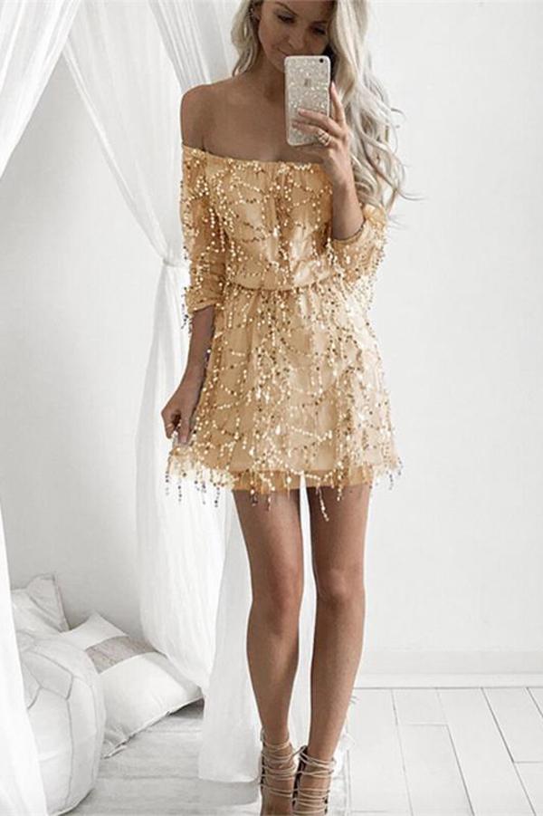 Beaded Off Shoulder Long Sleeve Graduation Dresses Homecoming Dresses, MH265 Beaded Off Shoulder Long Sleeve Graduation Dresses Homecoming Dresses, MH265