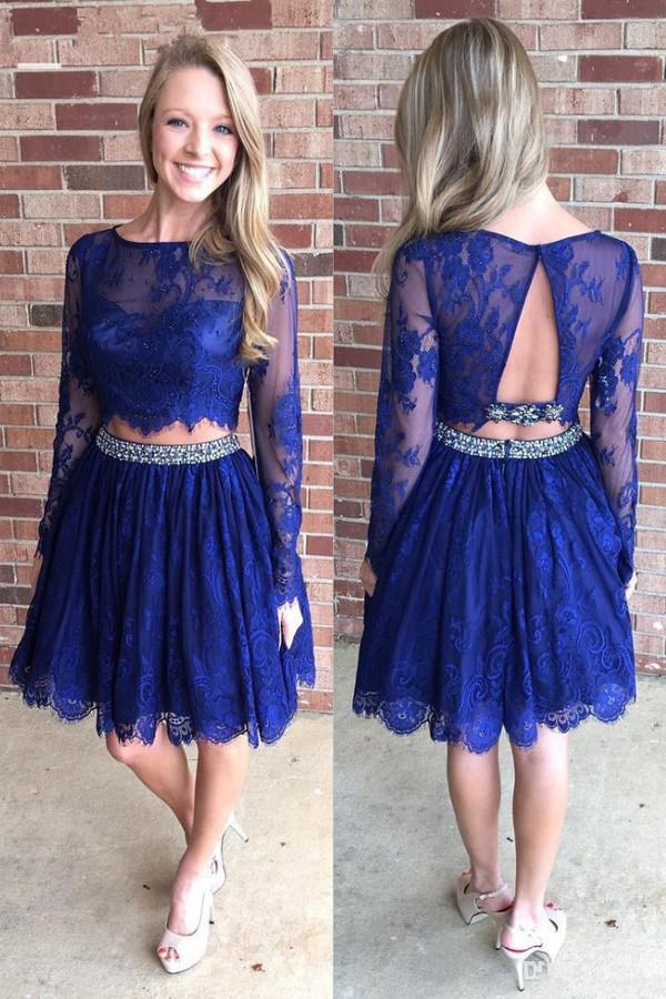 Royal Blue A-line Long Sleeve Short Prom Dresses, Backless Homecoming Dress, MH104 Royal Blue A-line Long Sleeve Short Prom Dresses, Backless Homecoming Dress, MH104