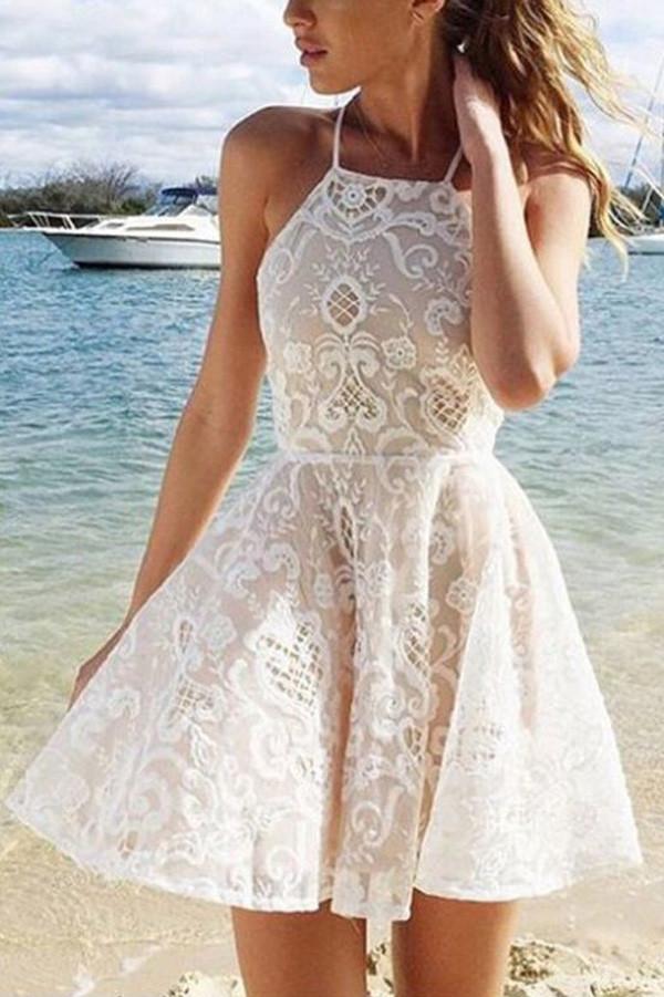 Simple White Halter A line Short Straps Lace Homecoming Dresses