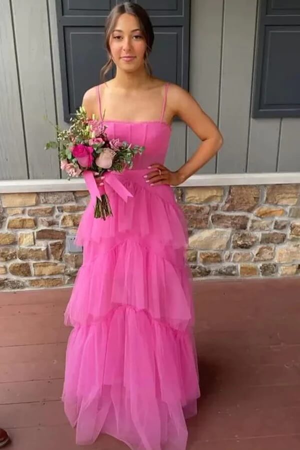 Hot Pink A-line Tiered Tulle Princess Prom Dresses, Long Formal Dresses, MP780 Hot Pink A-line Tiered Tulle Princess Prom Dresses, Long Formal Dresses, MP780