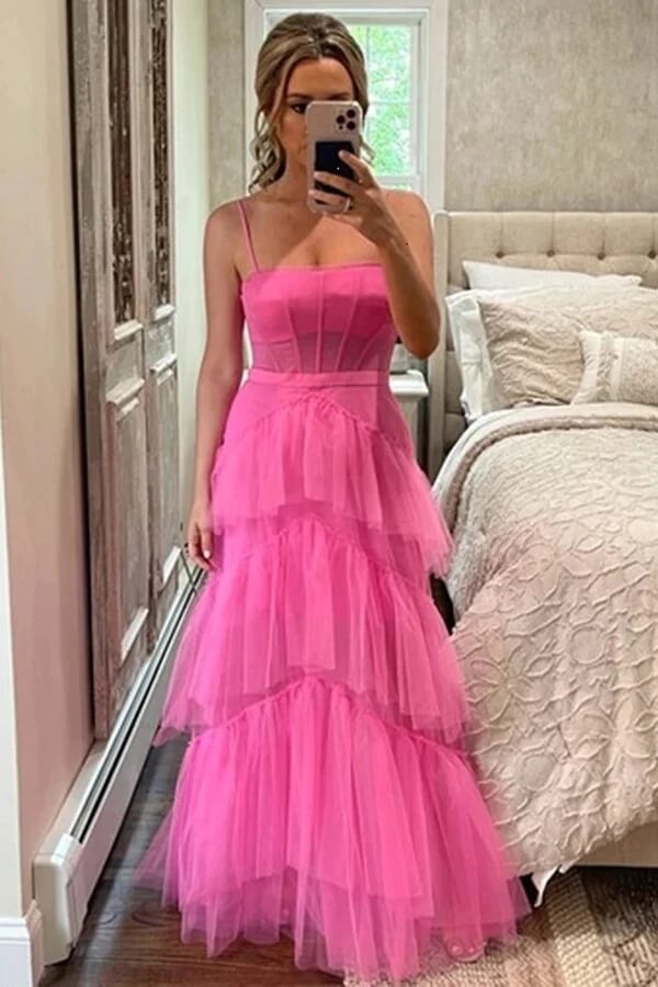 Hot Pink A-line Tiered Tulle Princess Prom Dresses MP780 | Musebridals Hot Pink A-line Tiered Tulle Princess Prom Dresses MP780 | Musebridals