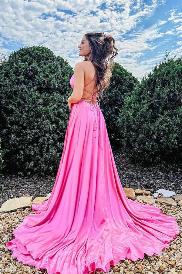 Hot Pink Satin A-line Scoop Long Prom Dresses, Evening Dress With Slit, MP704 Hot Pink Satin A-line Scoop Long Prom Dresses, Evening Dress With Slit, MP704