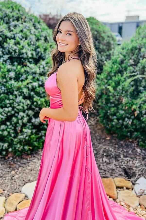 Hot Pink Satin A-line Scoop Long Prom Dresses, Evening Dress With Slit, MP704 Hot Pink Satin A-line Scoop Long Prom Dresses, Evening Dress With Slit, MP704