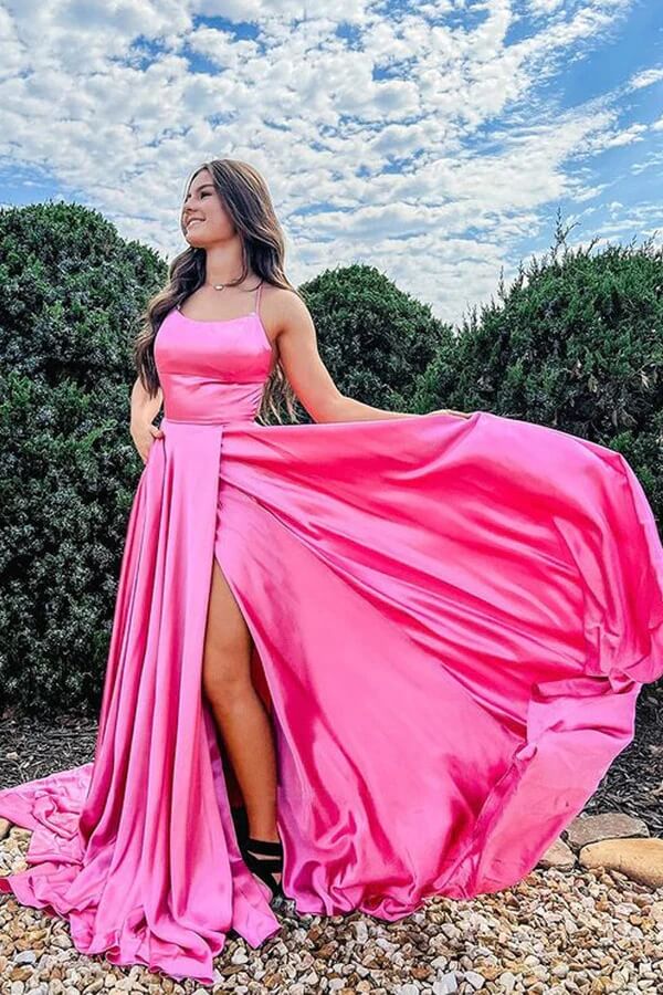 Hot Pink Satin A-line Scoop Long Prom Dresses, Evening Dress With Slit, MP704