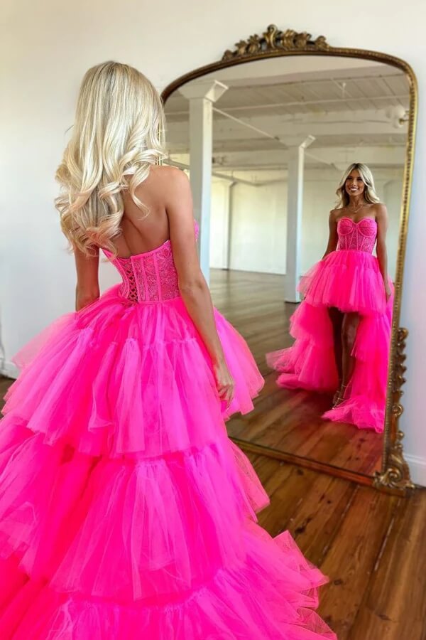 Hot Pink Tiered Tulle High Low Sweetheart Prom Dress, Long Formal Dress, MP777 | simple prom dresses | a line prom dresses | evening gown | musebridals.com