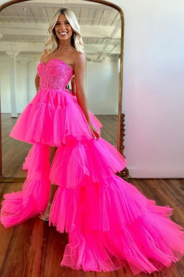 Tulle Colorful Ruffle Dress Hot Pink Tiered Tulle High Low